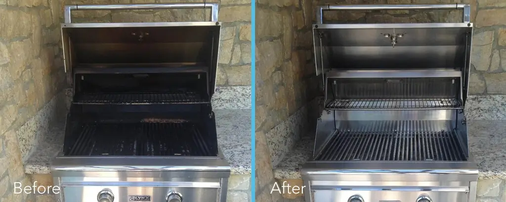 Before and after of a stainless grill interior: blackened grates and walls, then bright clean steel