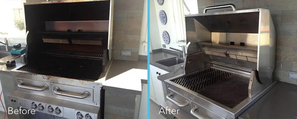 Before and after of a grill with the hood up: a greasy firebox, then clean grates and walls