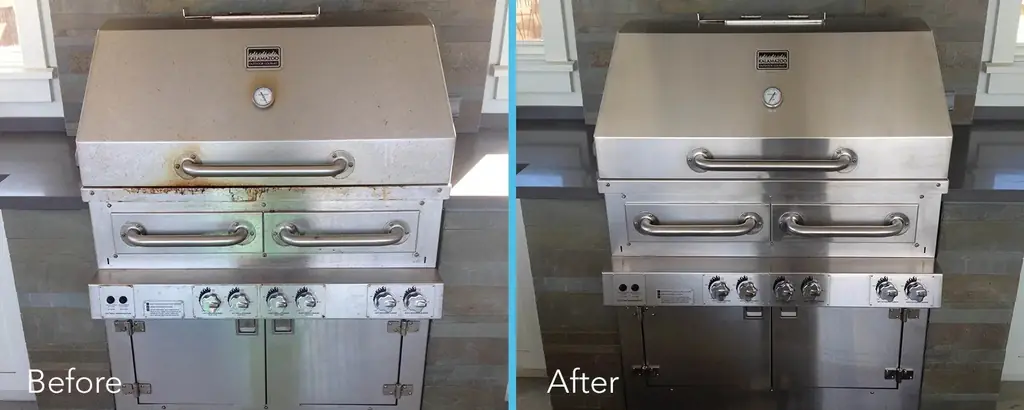 Before and after of a closed stainless grill: streaked, dull lid and panel, then polished