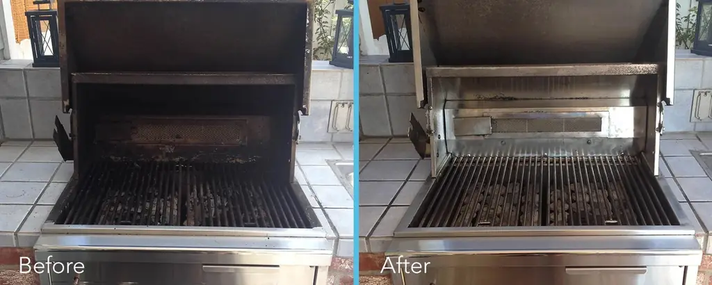 Before and after of a grill with the hood open on a tiled counter, grates and burner box